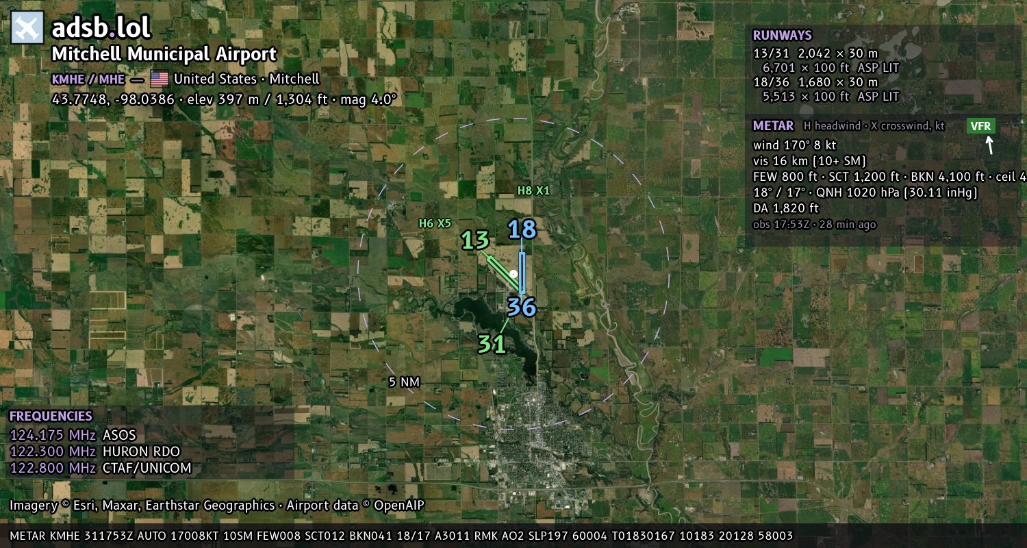 Satellite map with the runway layout of Mitchell Municipal Airport (KMHE)