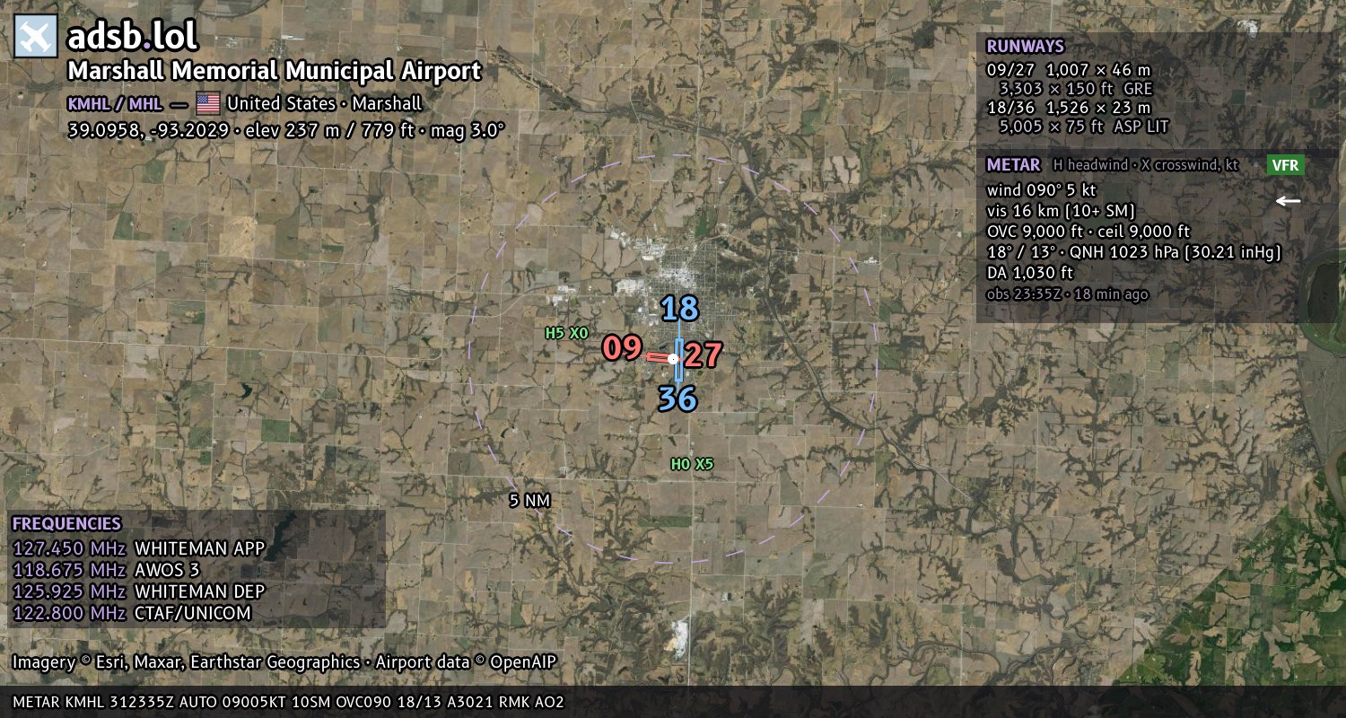 Satellite map with the runway layout of Marshall Memorial Municipal Airport (KMHL)