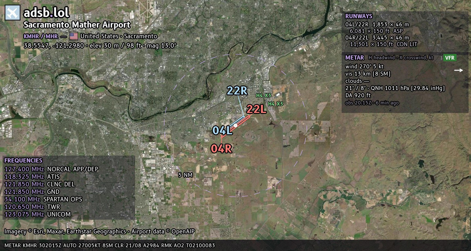 Satellite map with the runway layout of Sacramento Mather Airport (KMHR)