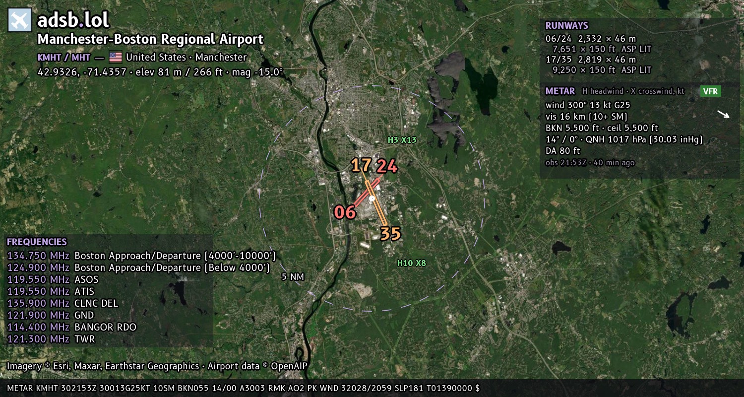Satellite map with the runway layout of Manchester-Boston Regional Airport (KMHT)