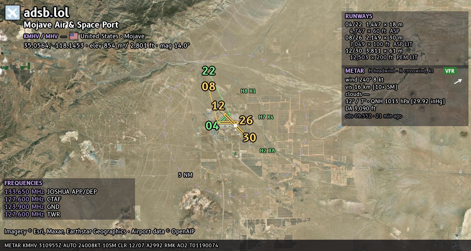 Satellite map with the runway layout of Mojave Air &  Space Port (KMHV)