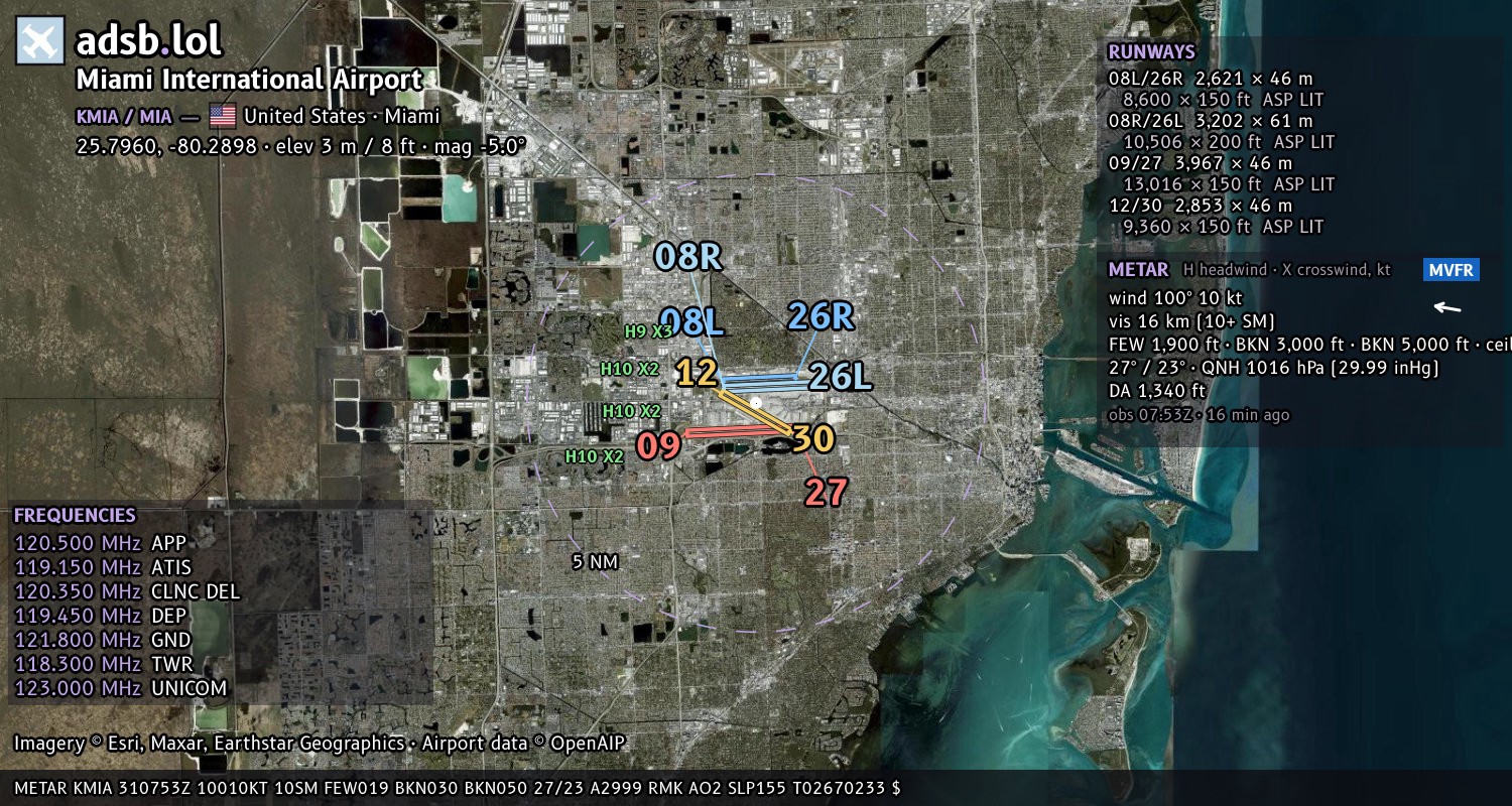 Satellite map with the runway layout of Miami International Airport (KMIA)