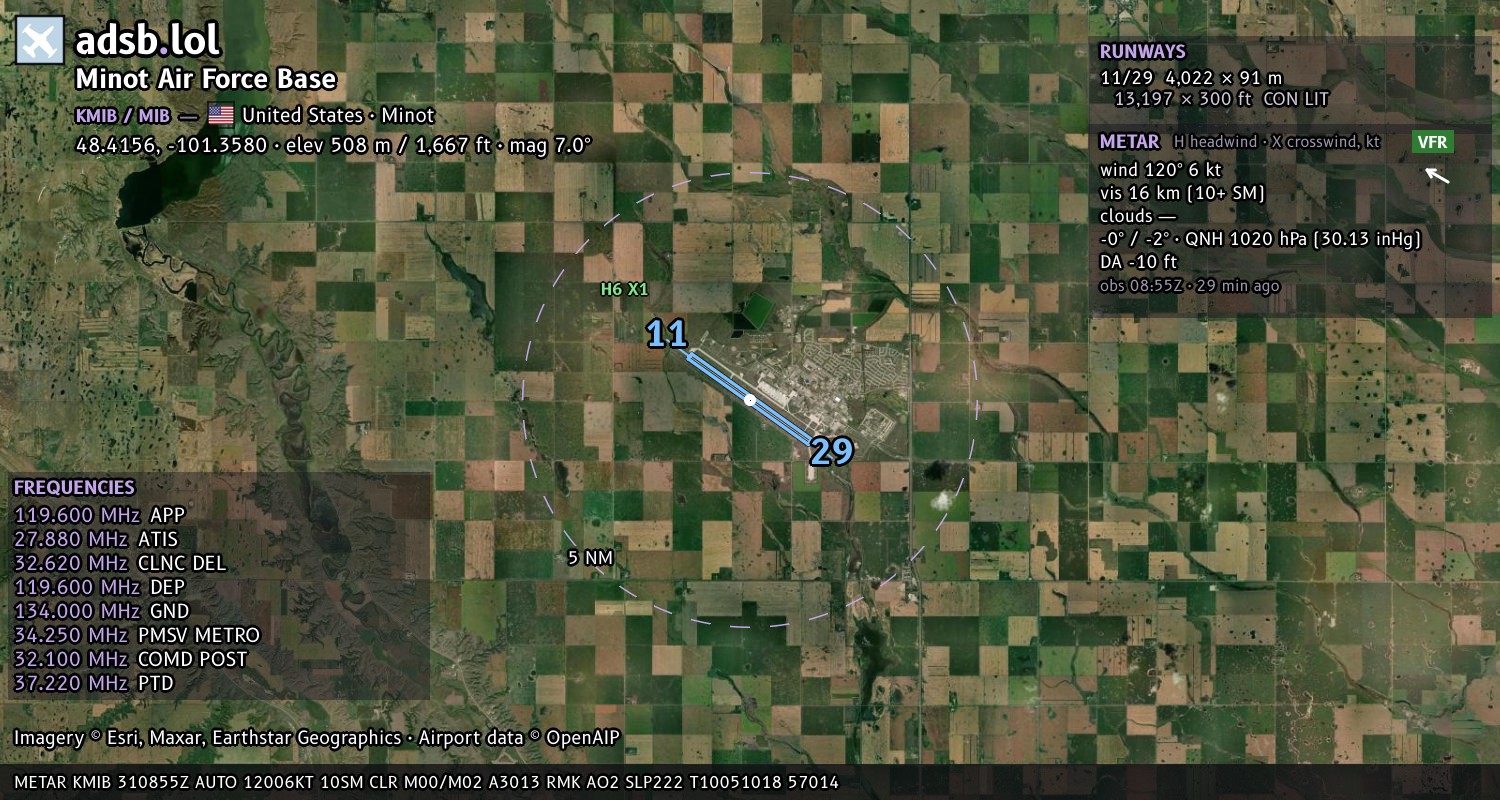 Satellite map with the runway layout of Minot Air Force Base (KMIB)