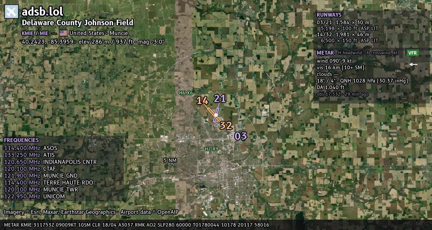 Satellite map with the runway layout of Delaware County Johnson Field (KMIE)