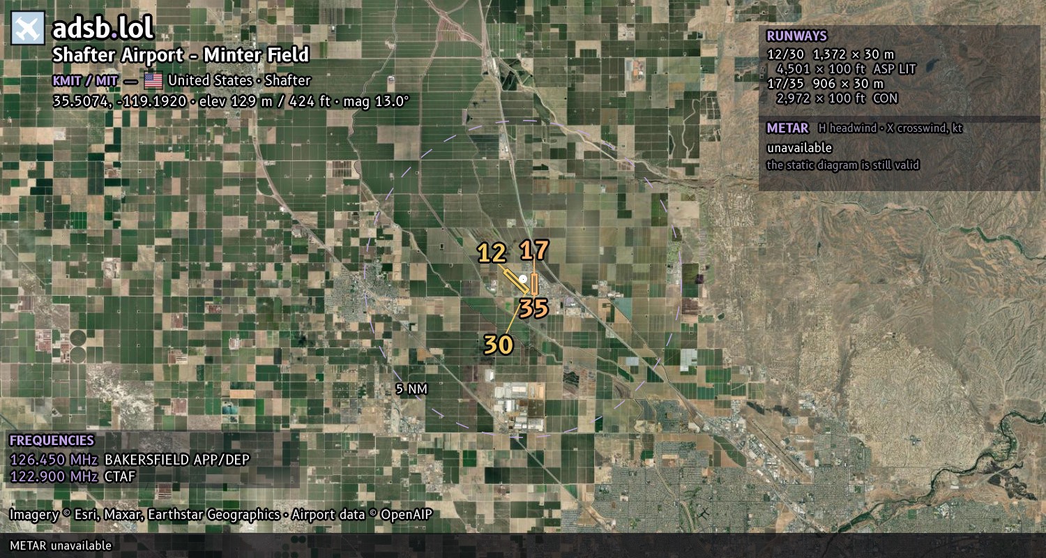 Satellite map with the runway layout of Shafter Airport - Minter Field (KMIT)