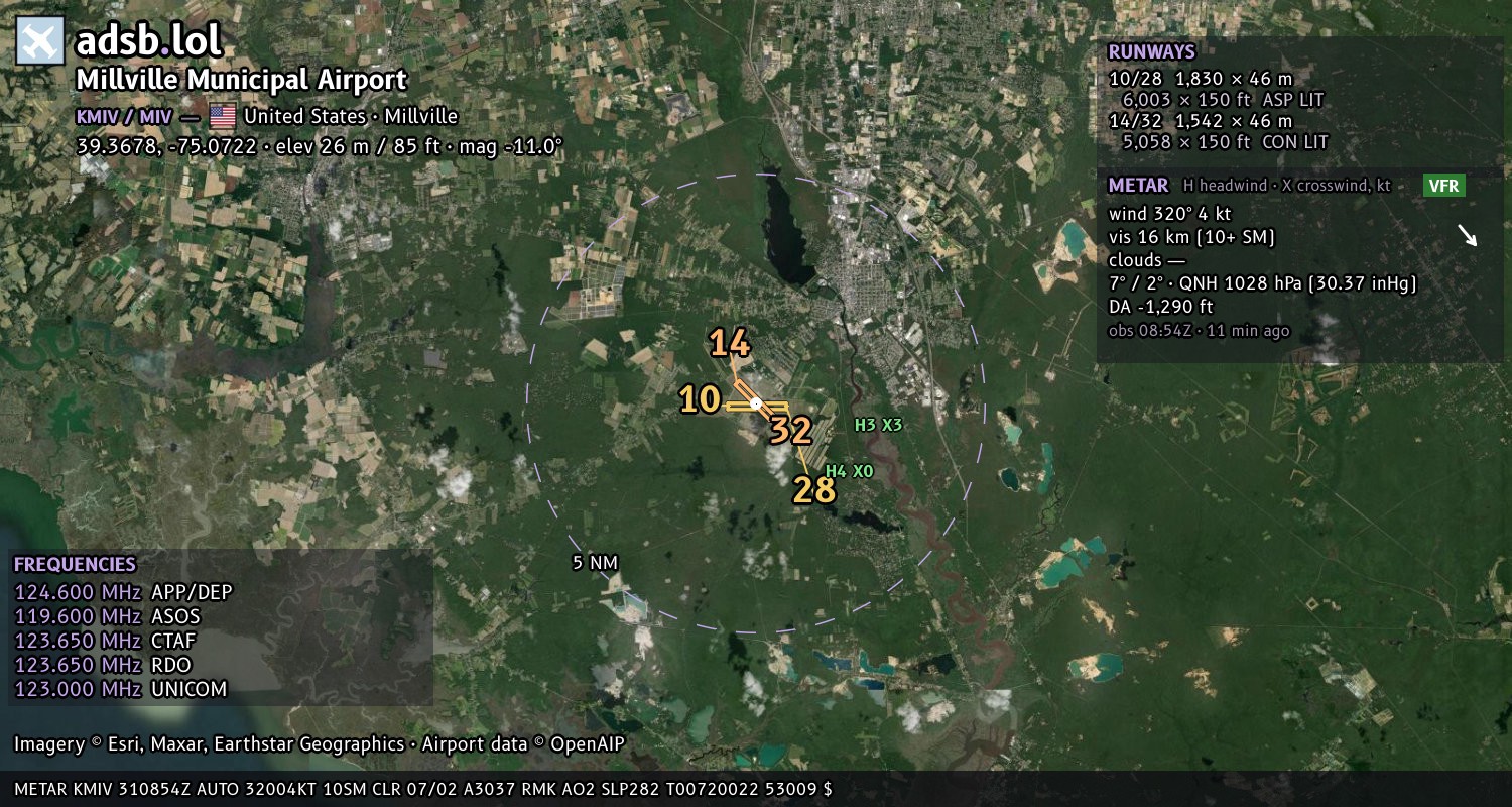 Satellite map with the runway layout of Millville Municipal Airport (KMIV)