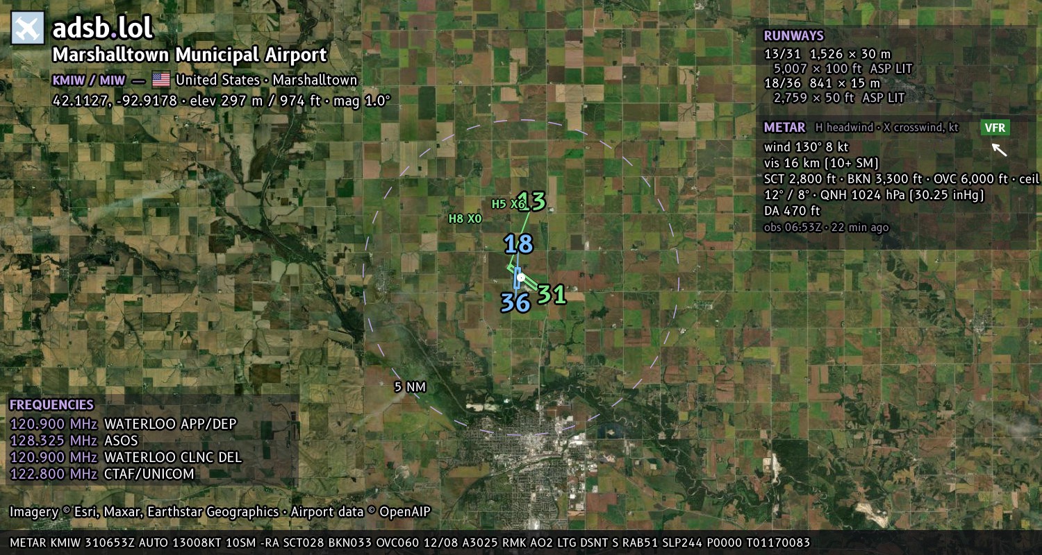 Satellite map with the runway layout of Marshalltown Municipal Airport (KMIW)