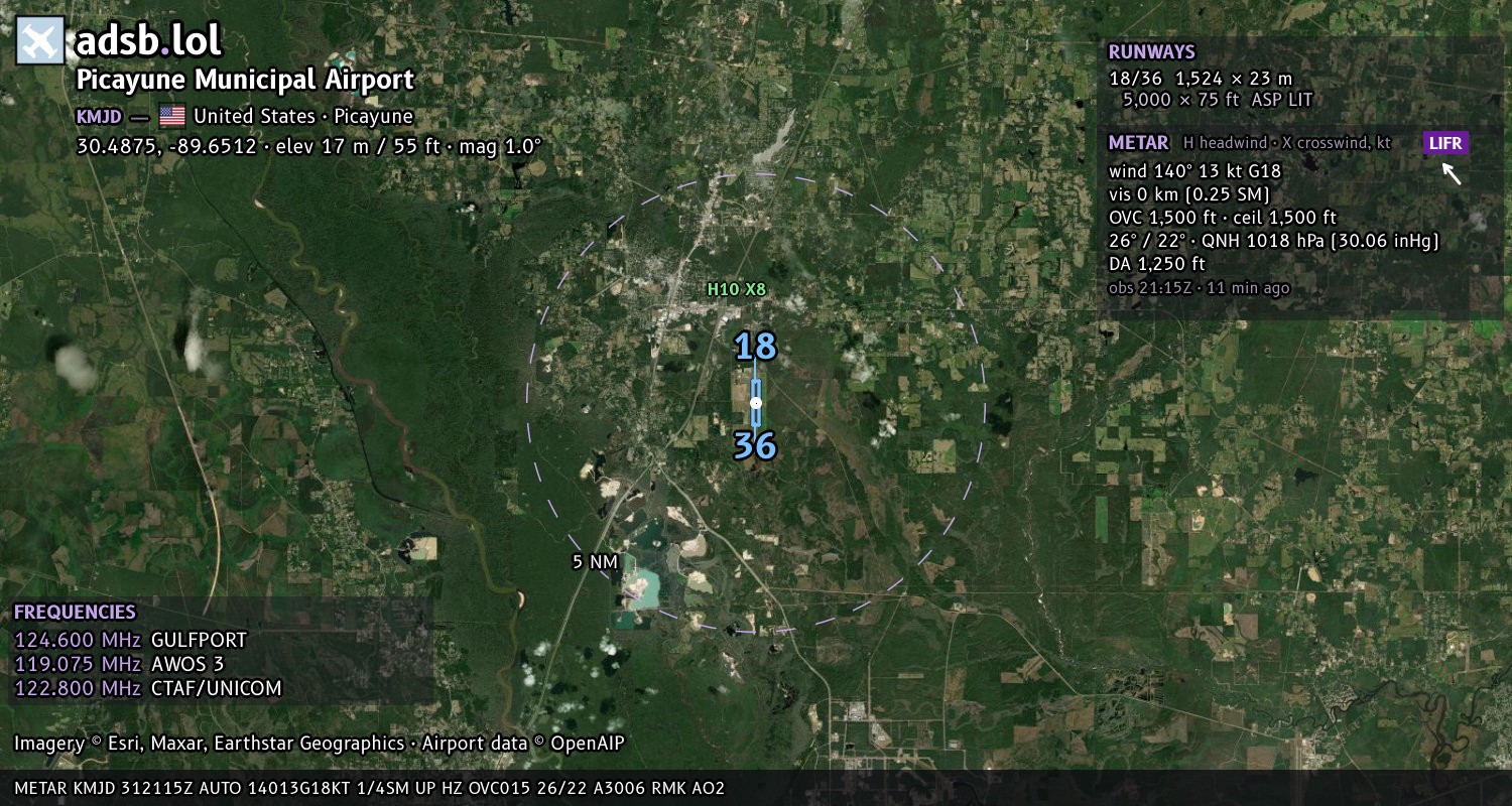 Satellite map with the runway layout of Picayune Municipal Airport (KMJD)