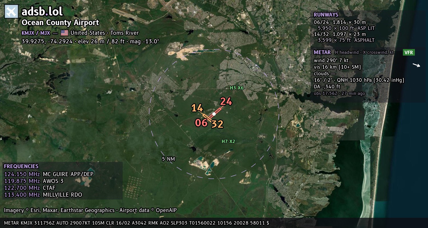 Satellite map with the runway layout of Ocean County Airport (KMJX)