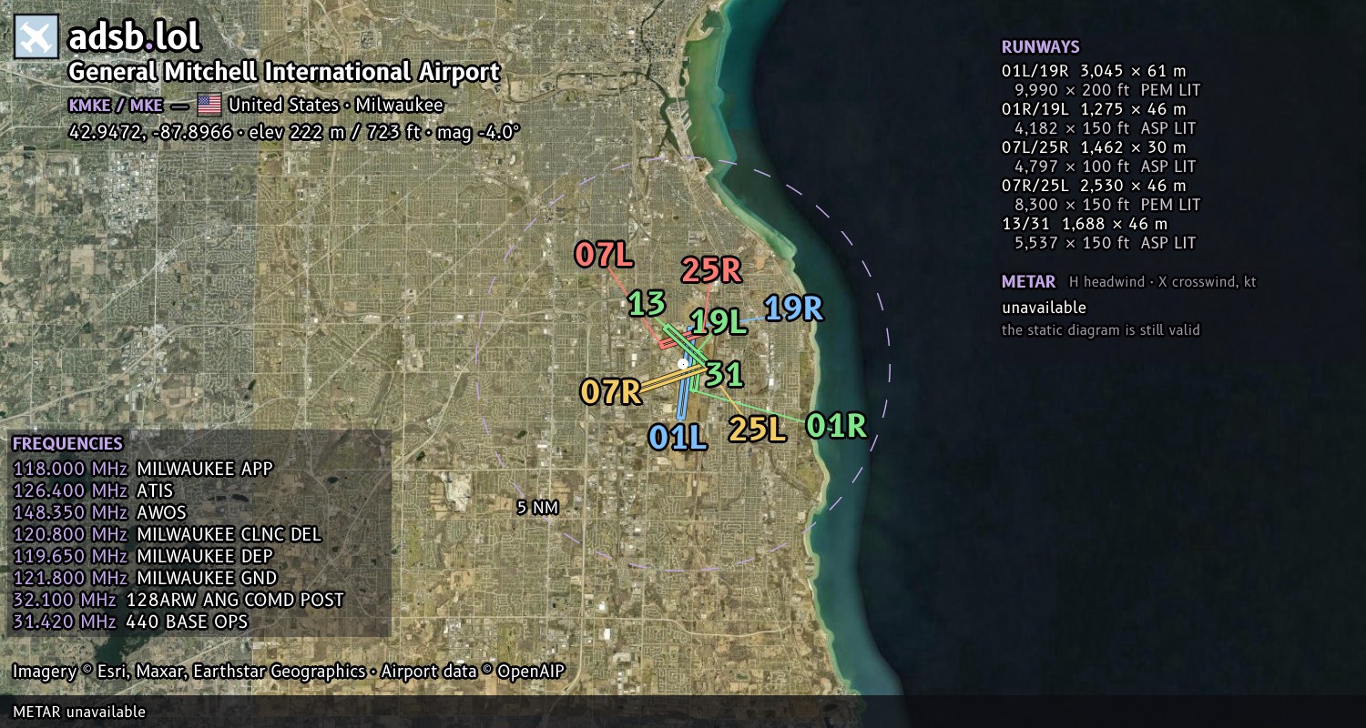 Satellite map with the runway layout of General Mitchell International Airport (KMKE)