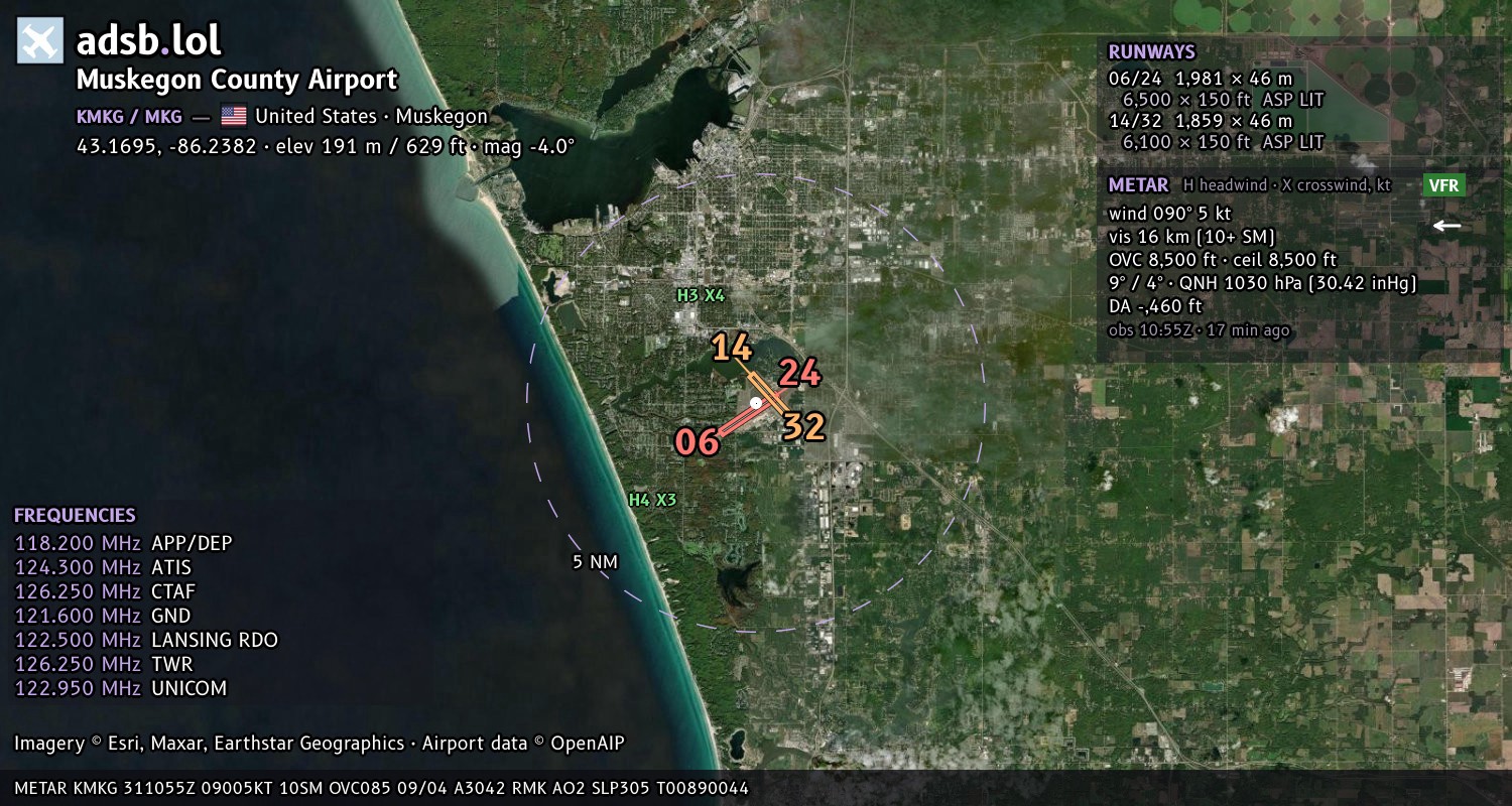 Satellite map with the runway layout of Muskegon County Airport (KMKG)