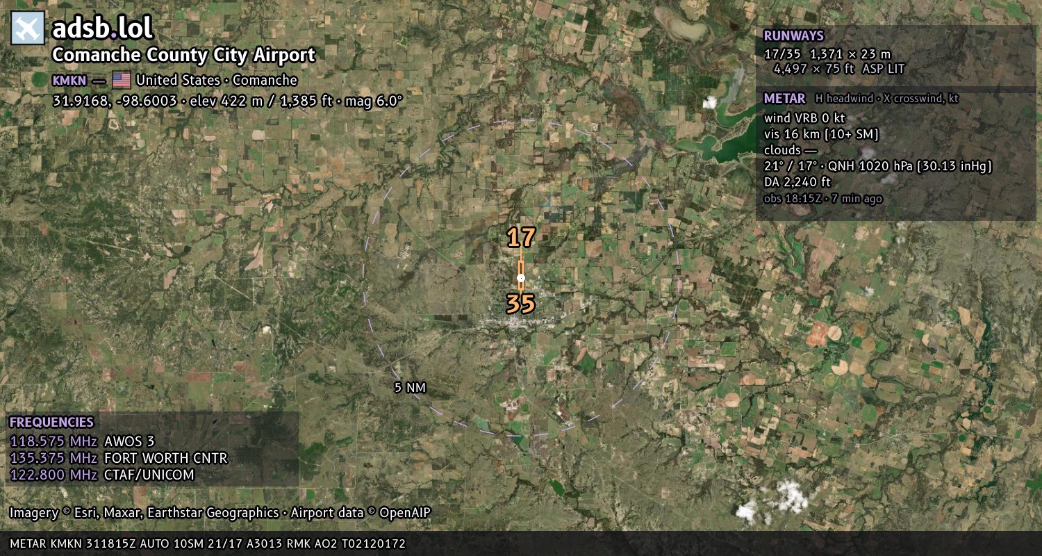 Satellite map with the runway layout of Comanche County City Airport (KMKN)