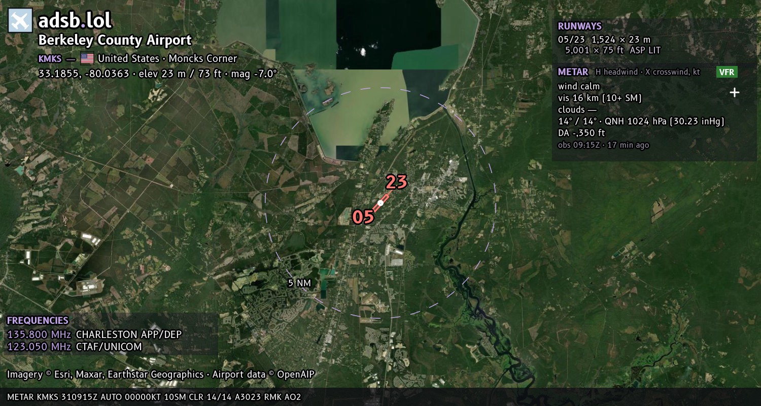 Satellite map with the runway layout of Berkeley County Airport (KMKS)