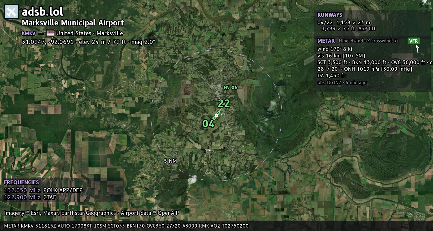 Satellite map with the runway layout of Marksville Municipal Airport (KMKV)