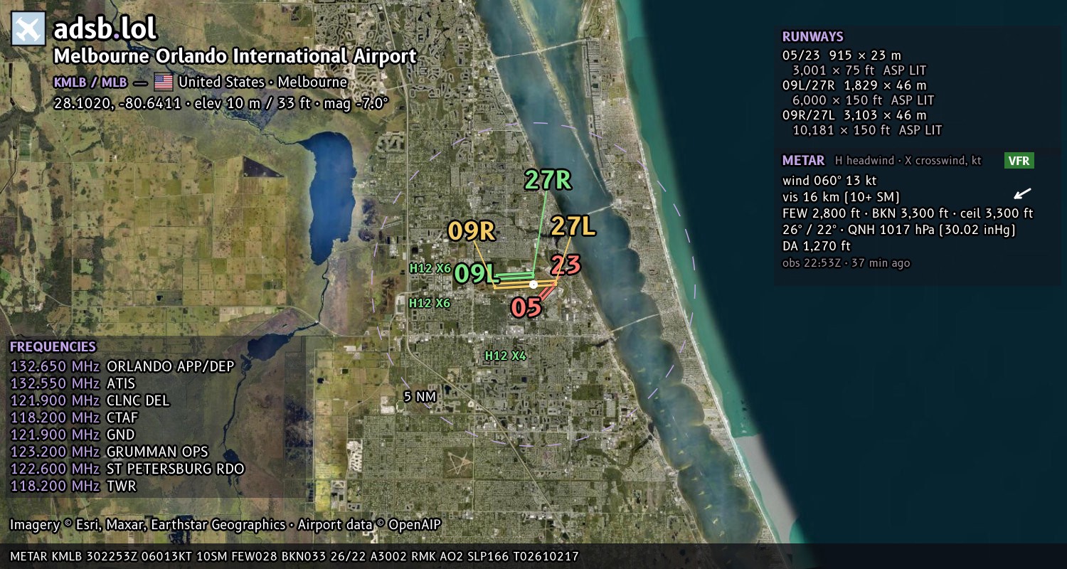 Satellite map with the runway layout of Melbourne Orlando International Airport (KMLB)