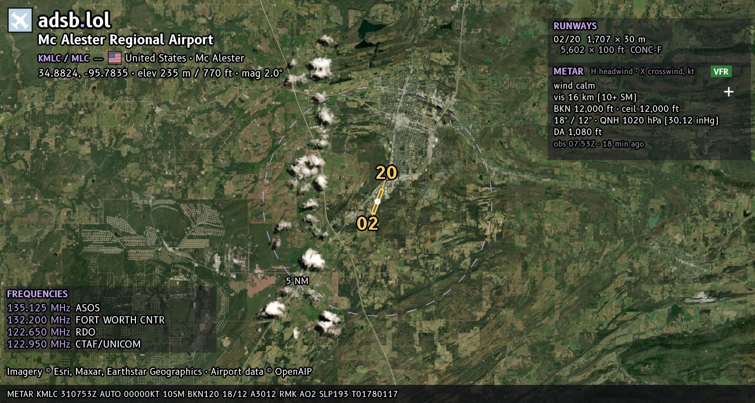 Satellite map with the runway layout of Mc Alester Regional Airport (KMLC)