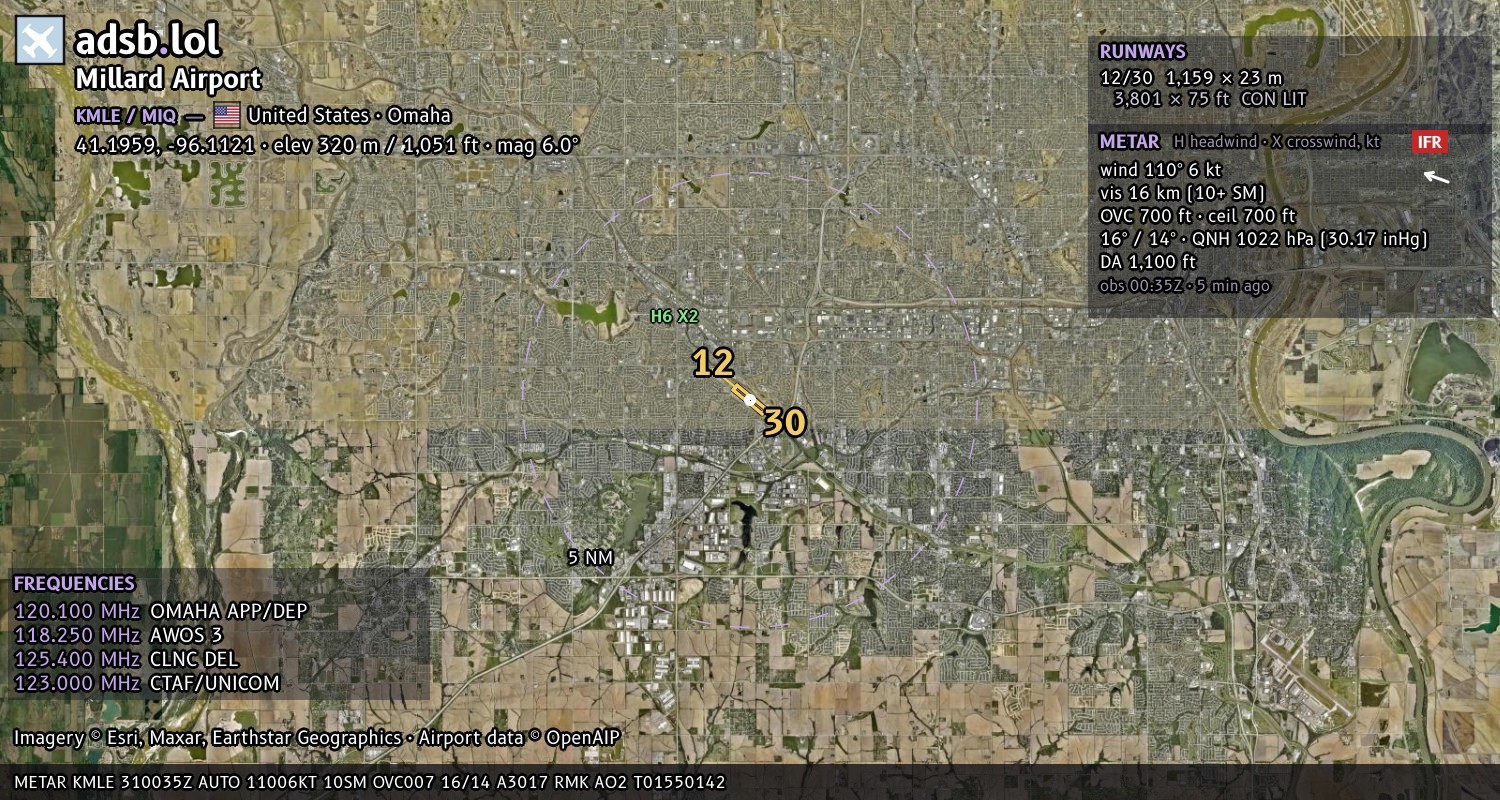 Satellite map with the runway layout of Millard Airport (KMLE)