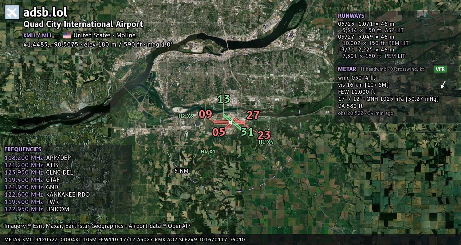 Satellite map with the runway layout of Quad City International Airport (KMLI)