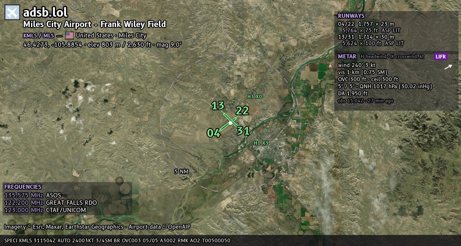 Satellite map with the runway layout of Miles City Airport - Frank Wiley Field (KMLS)