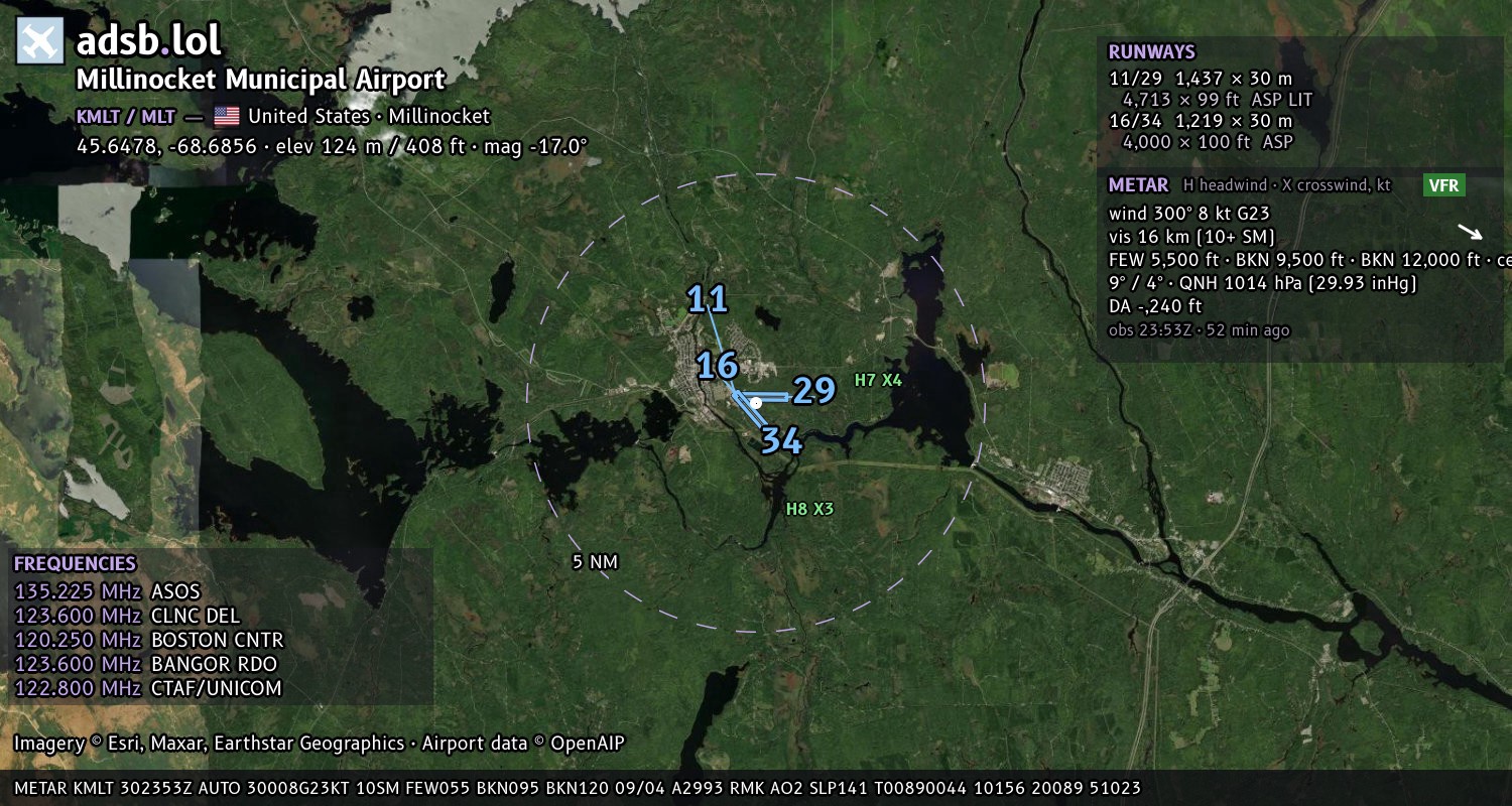 Satellite map with the runway layout of Millinocket Municipal Airport (KMLT)