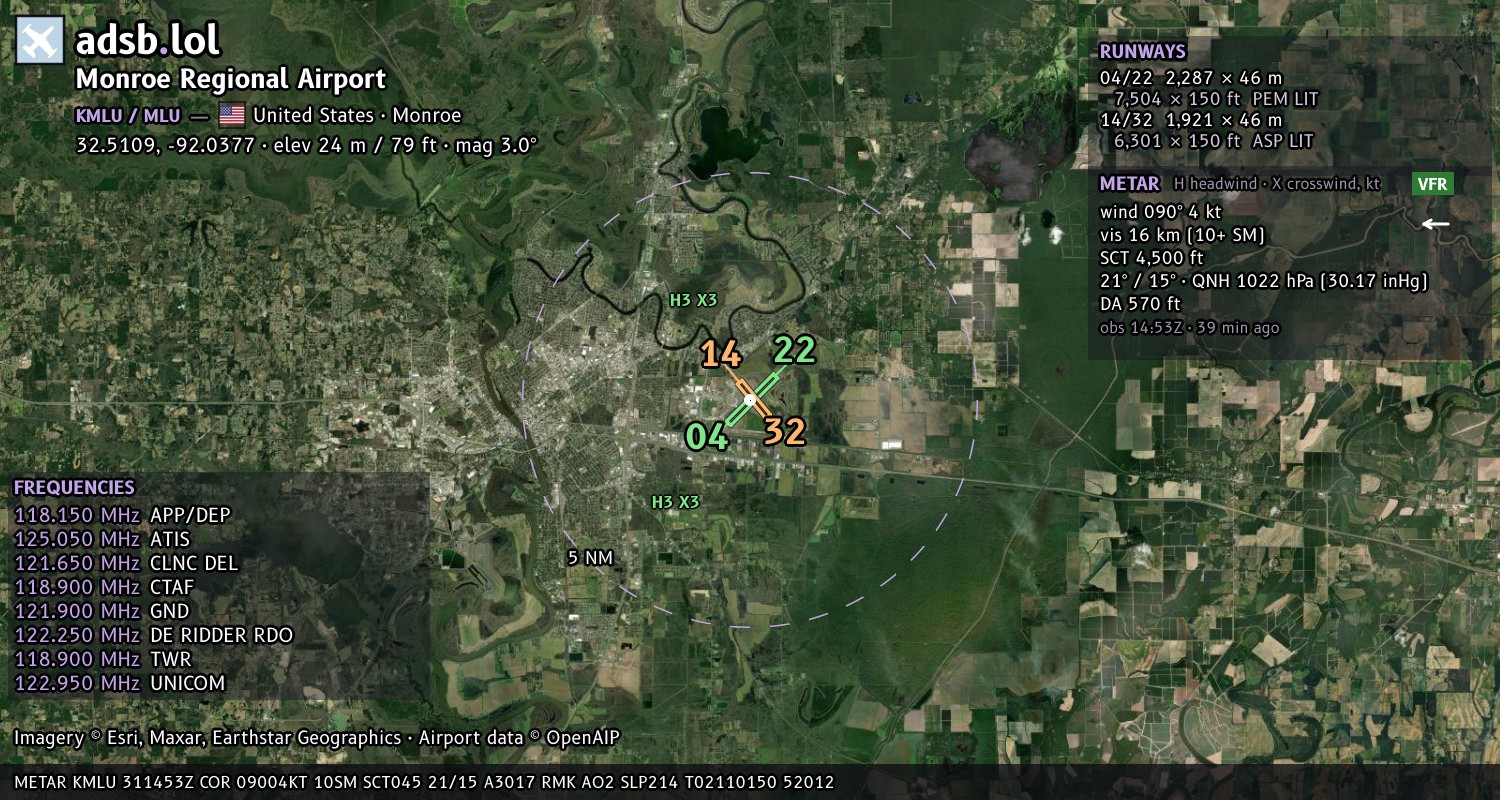 Satellite map with the runway layout of Monroe Regional Airport (KMLU)
