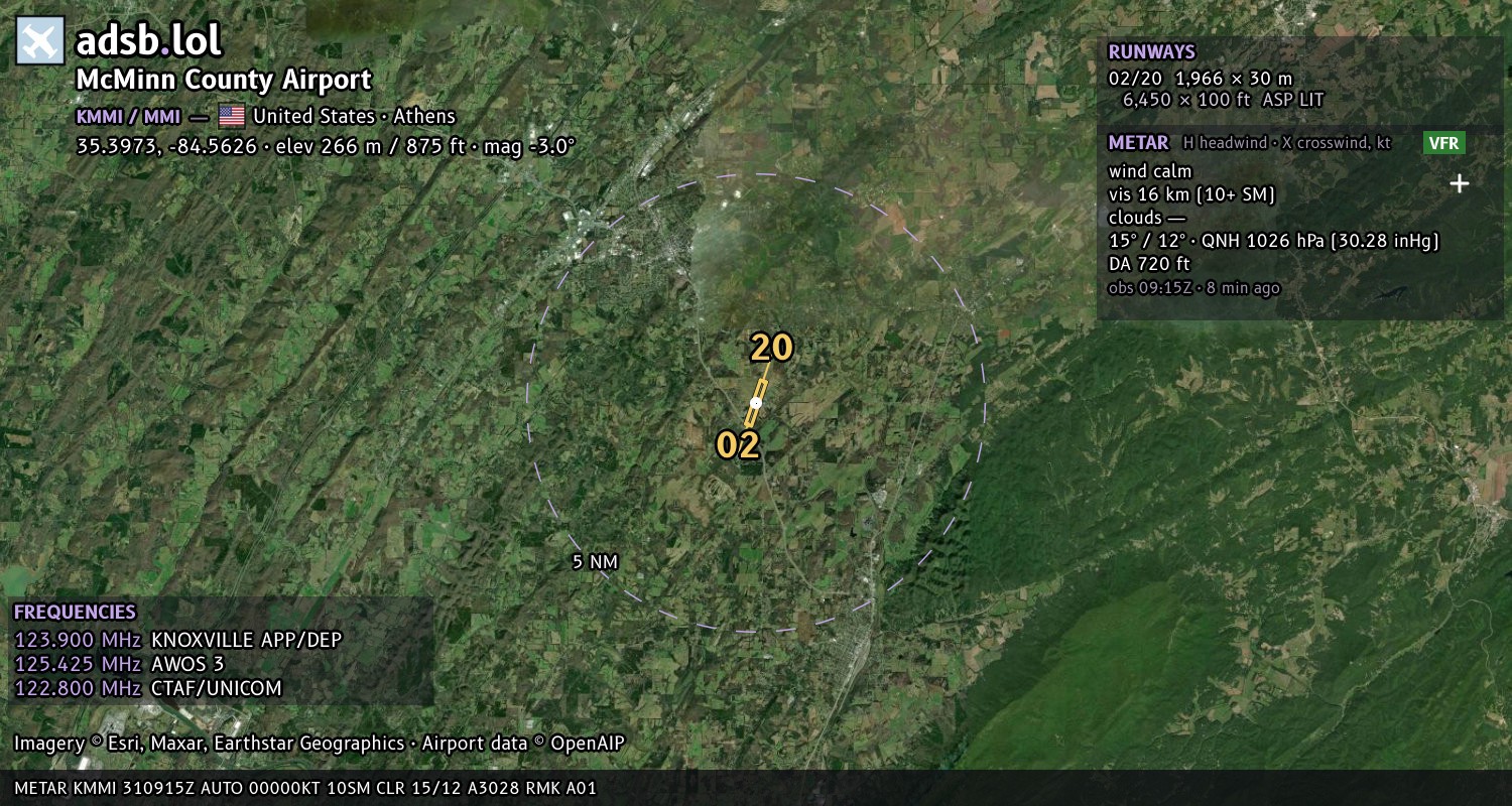 Satellite map with the runway layout of McMinn County Airport (KMMI)