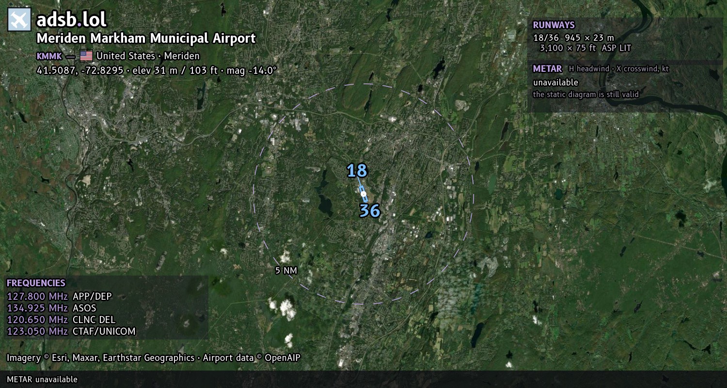 Satellite map with the runway layout of Meriden Markham Municipal Airport (KMMK)