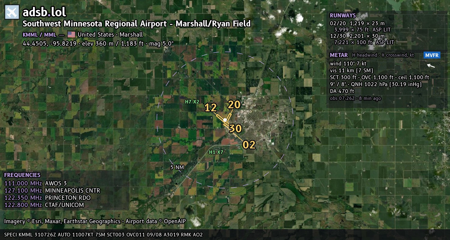 Satellite map with the runway layout of Southwest Minnesota Regional Airport - Marshall/Ryan Field (KMML)