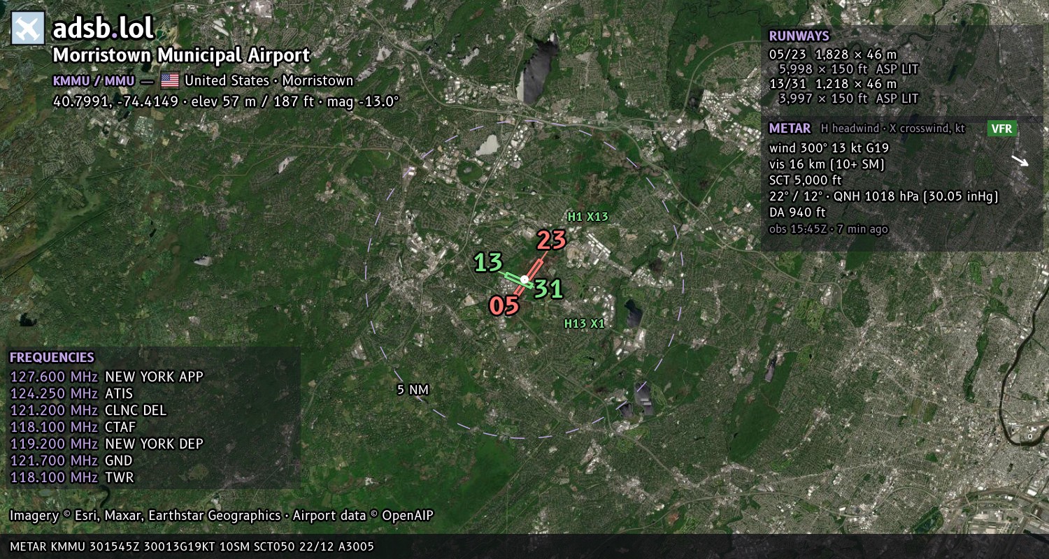 Satellite map with the runway layout of Morristown Municipal Airport (KMMU)