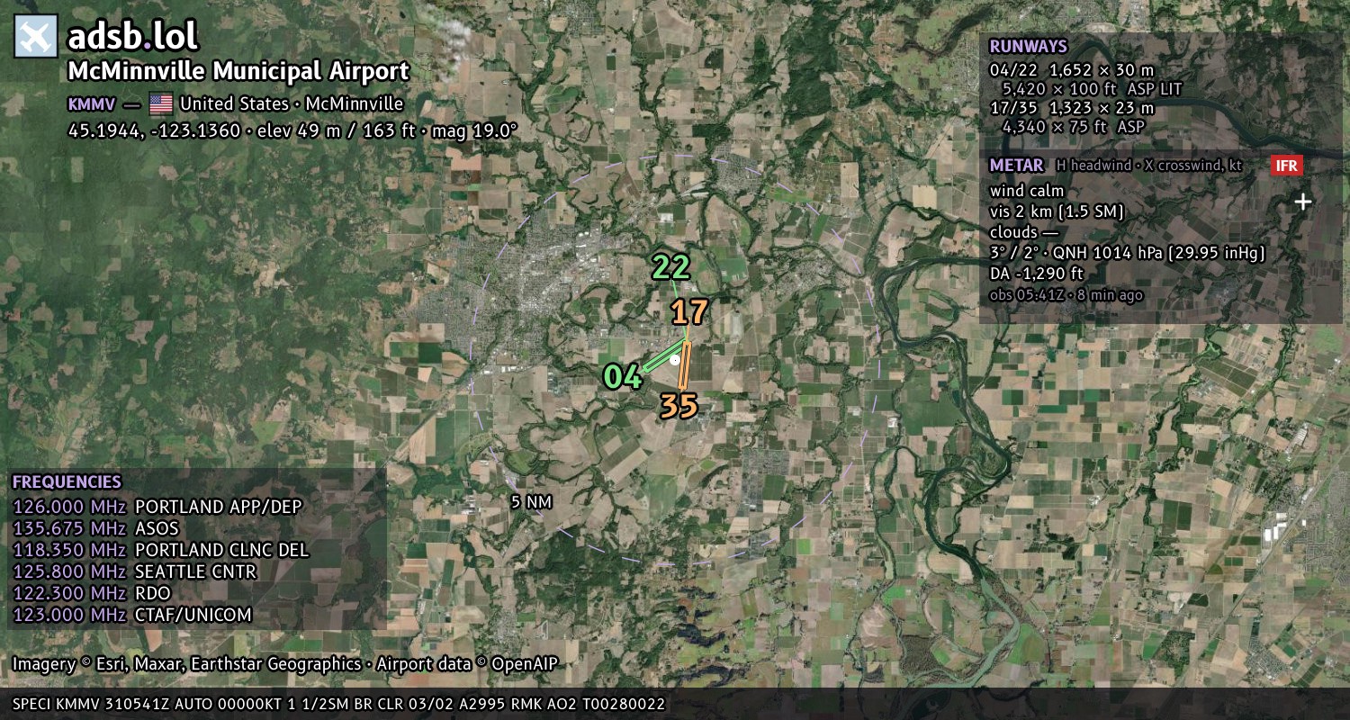Satellite map with the runway layout of McMinnville Municipal Airport (KMMV)