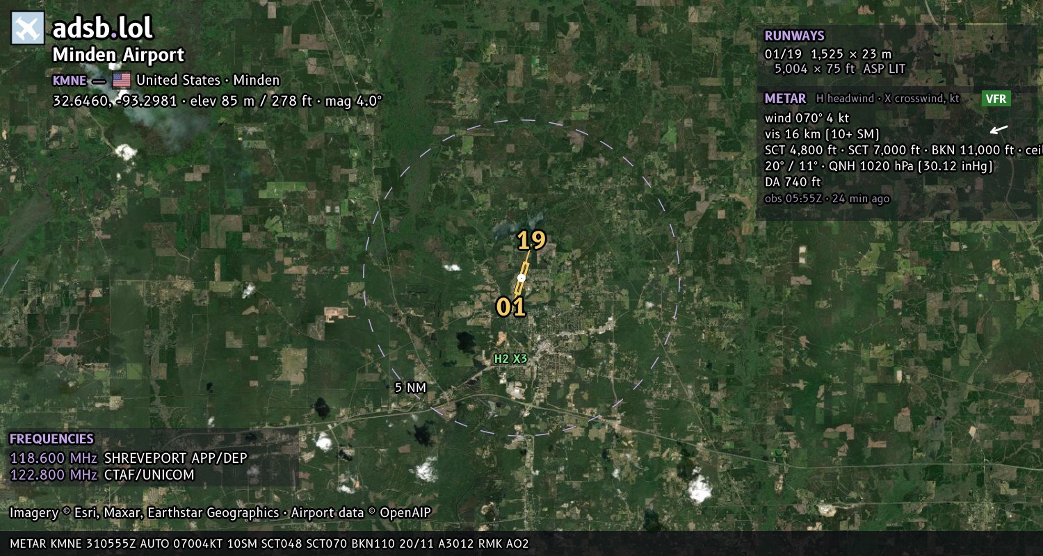 Satellite map with the runway layout of Minden Airport (KMNE)