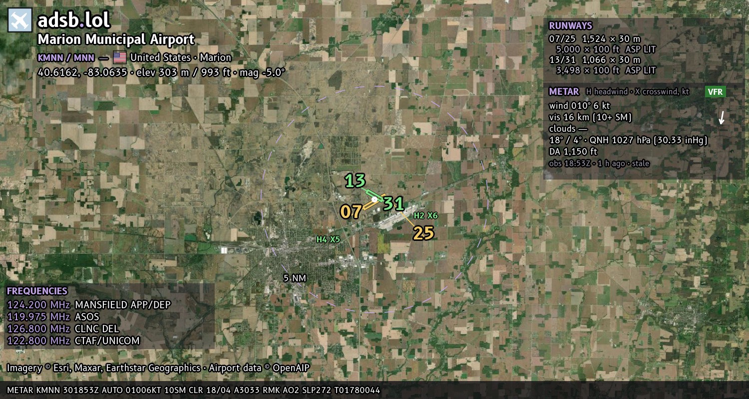 Satellite map with the runway layout of Marion Municipal Airport (KMNN)