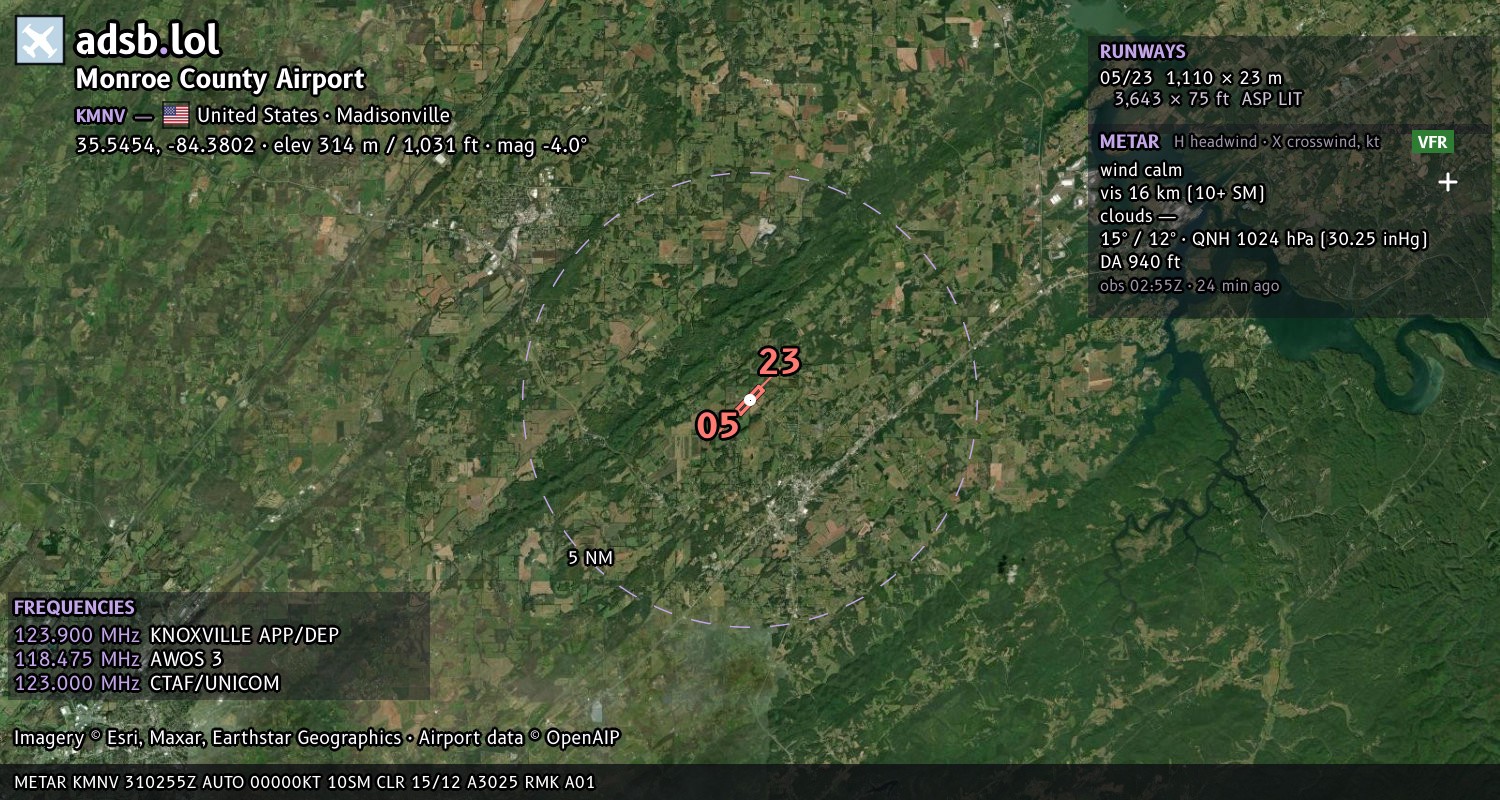 Satellite map with the runway layout of Monroe County Airport (KMNV)