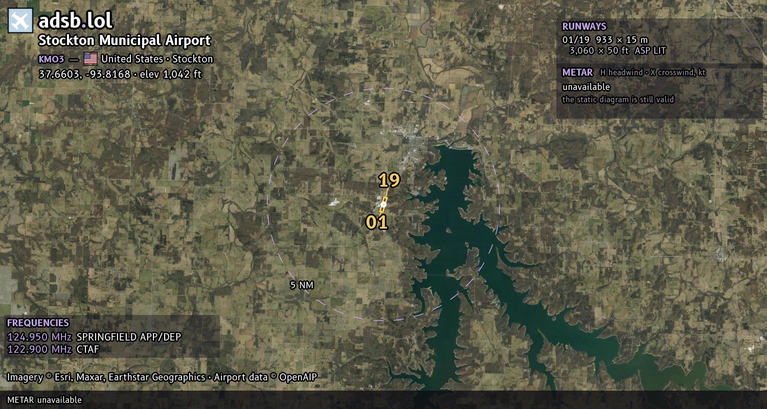 Satellite map with the runway layout of Stockton Municipal Airport (KMO3)