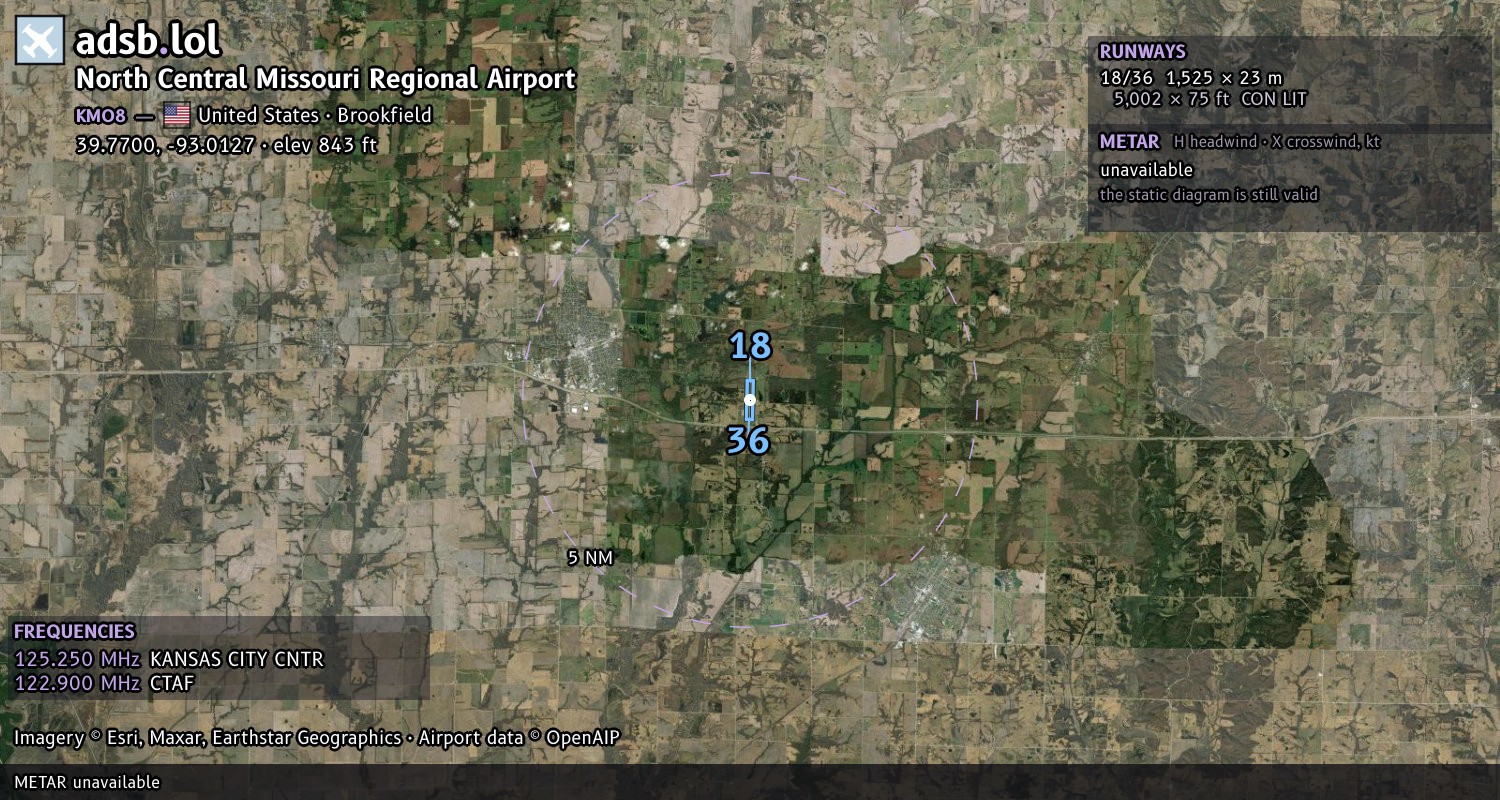 Satellite map with the runway layout of North Central Missouri Regional Airport (KMO8)