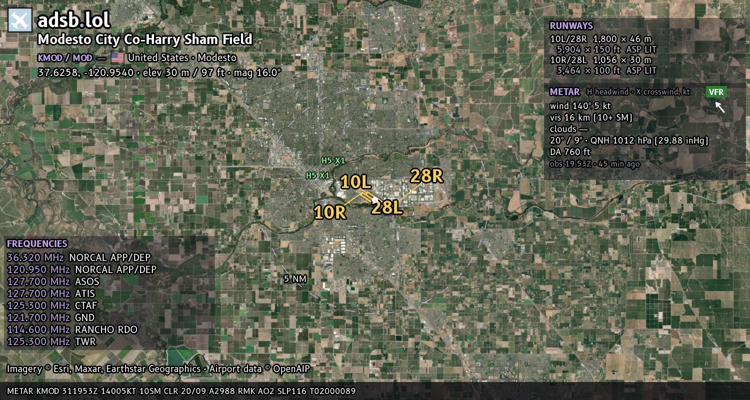Satellite map with the runway layout of Modesto City Co-Harry Sham Field (KMOD)