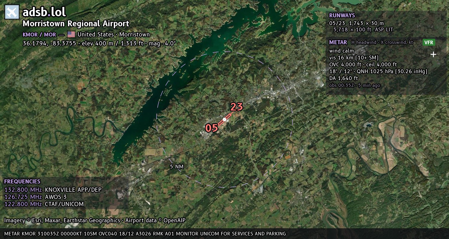 Satellite map with the runway layout of Morristown Regional Airport (KMOR)