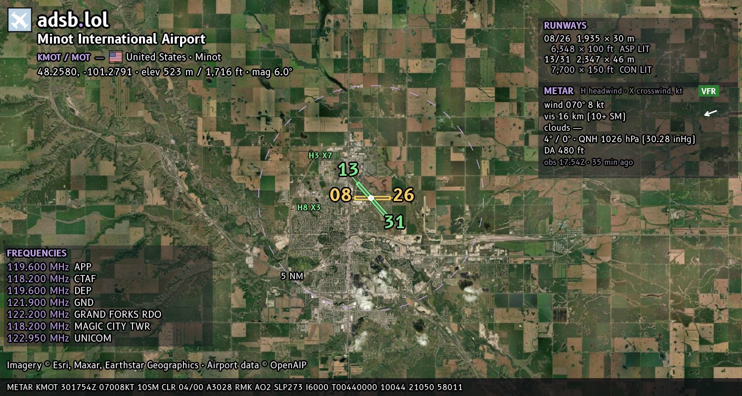 Satellite map with the runway layout of Minot International Airport (KMOT)