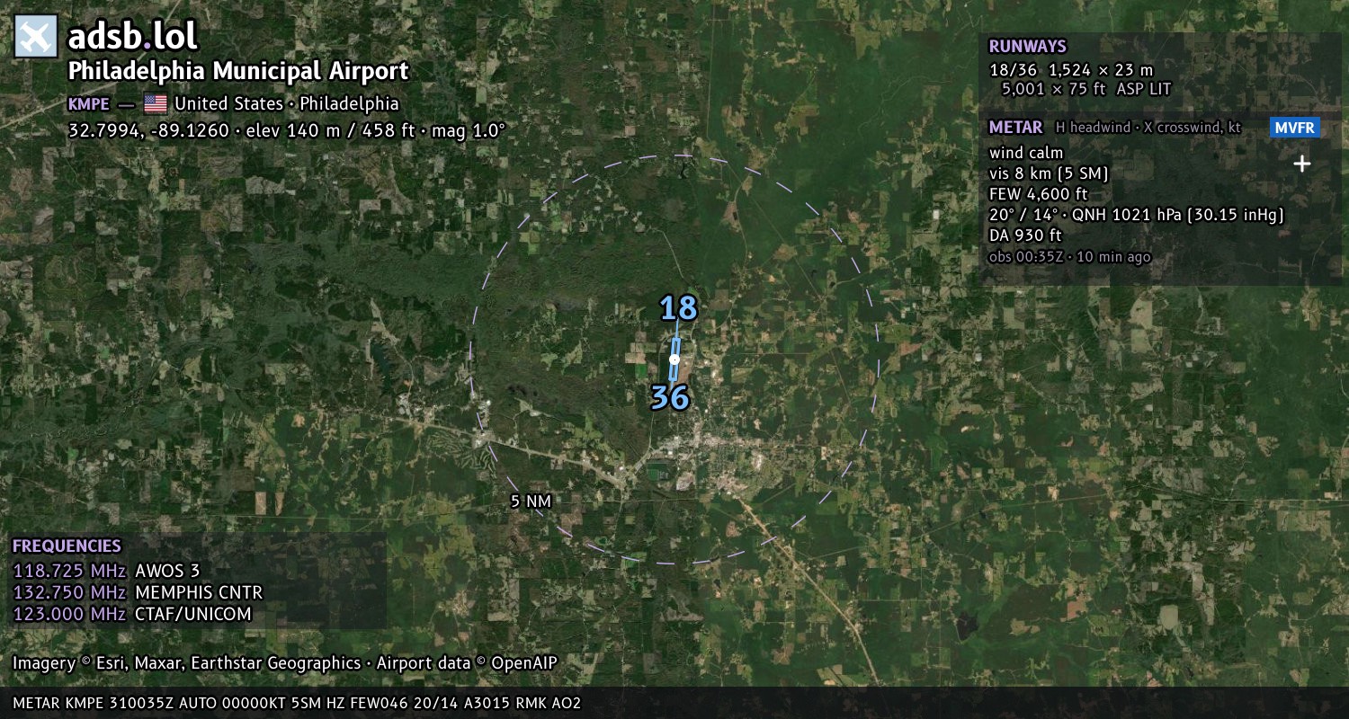 Satellite map with the runway layout of Philadelphia Municipal Airport (KMPE)