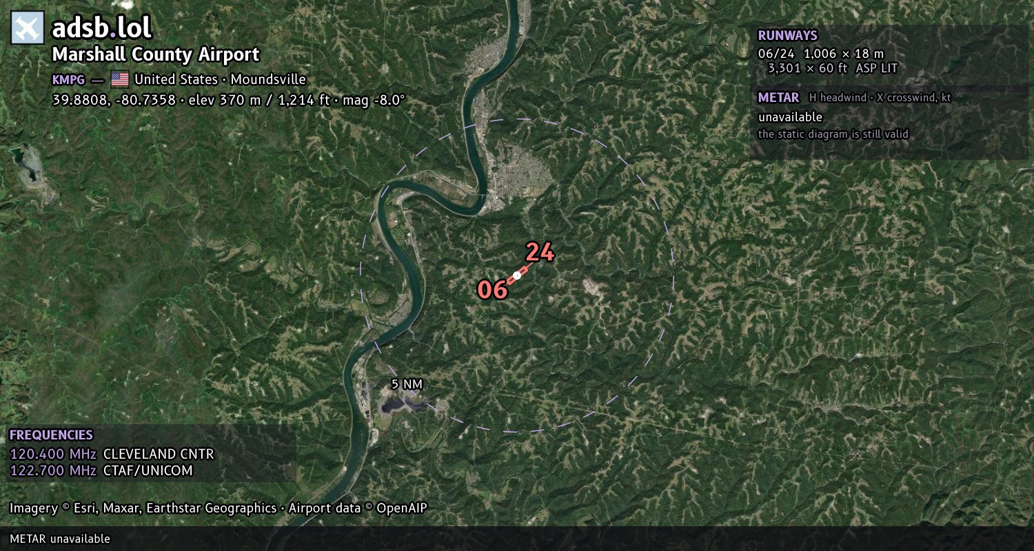 Satellite map with the runway layout of Marshall County Airport (KMPG)