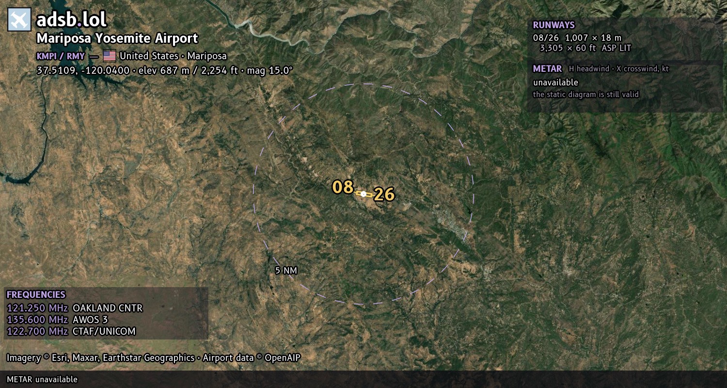 Satellite map with the runway layout of Mariposa Yosemite Airport (KMPI)