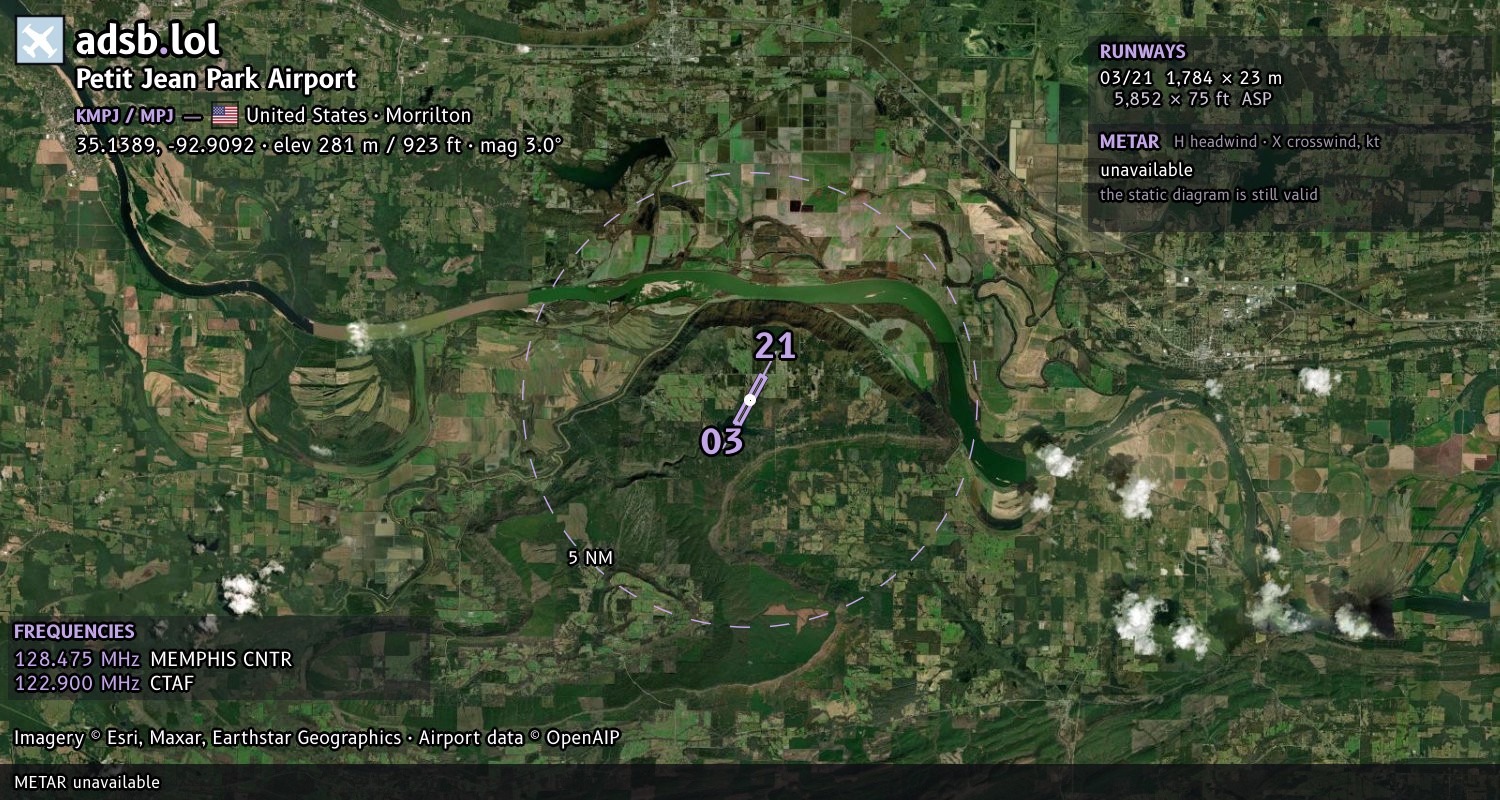 Satellite map with the runway layout of Petit Jean Park Airport (KMPJ)