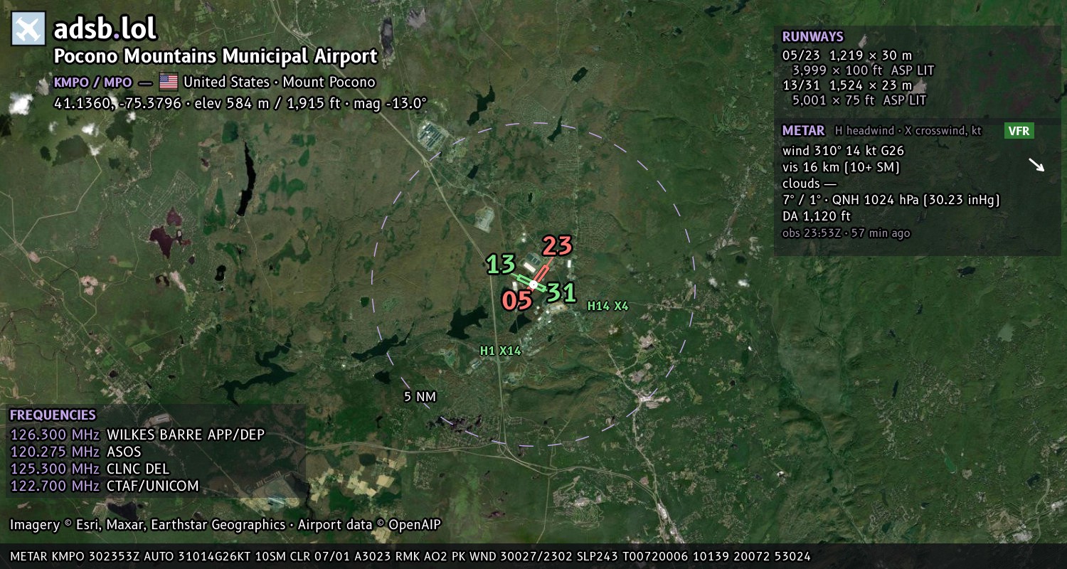 Satellite map with the runway layout of Pocono Mountains Municipal Airport (KMPO)