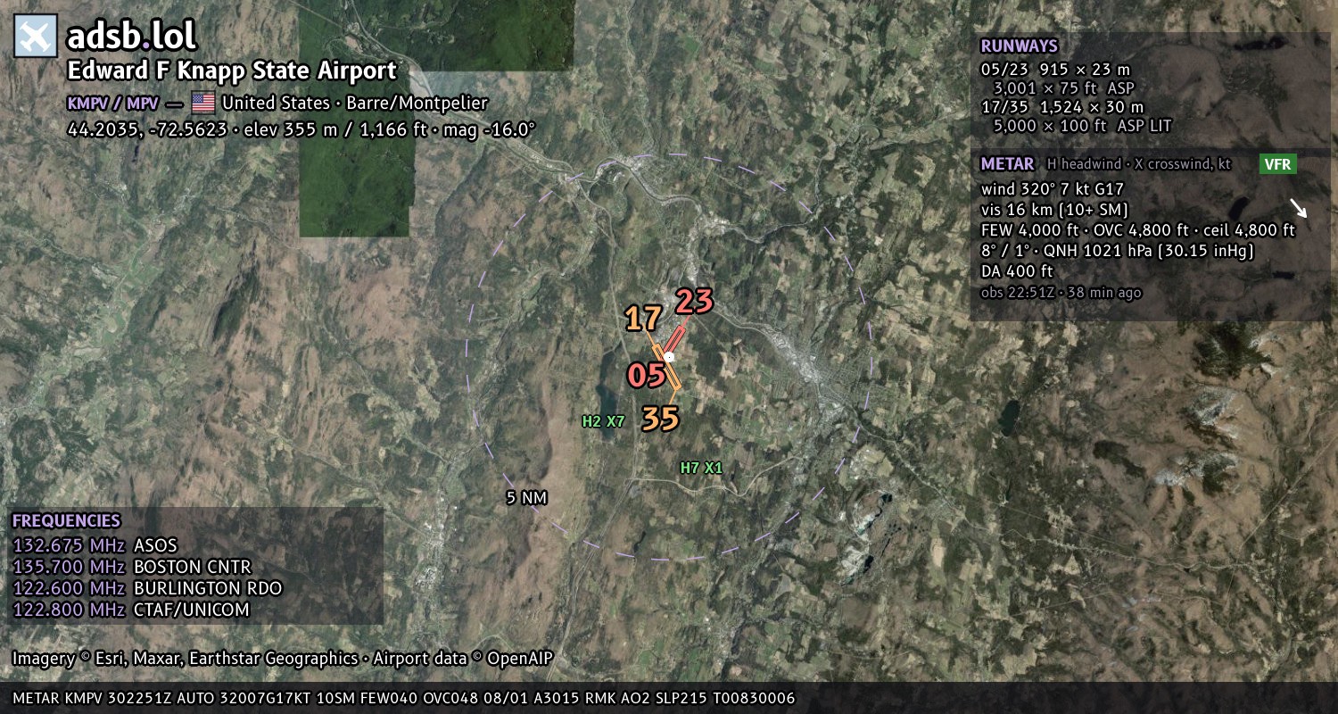 Satellite map with the runway layout of Edward F Knapp State Airport (KMPV)