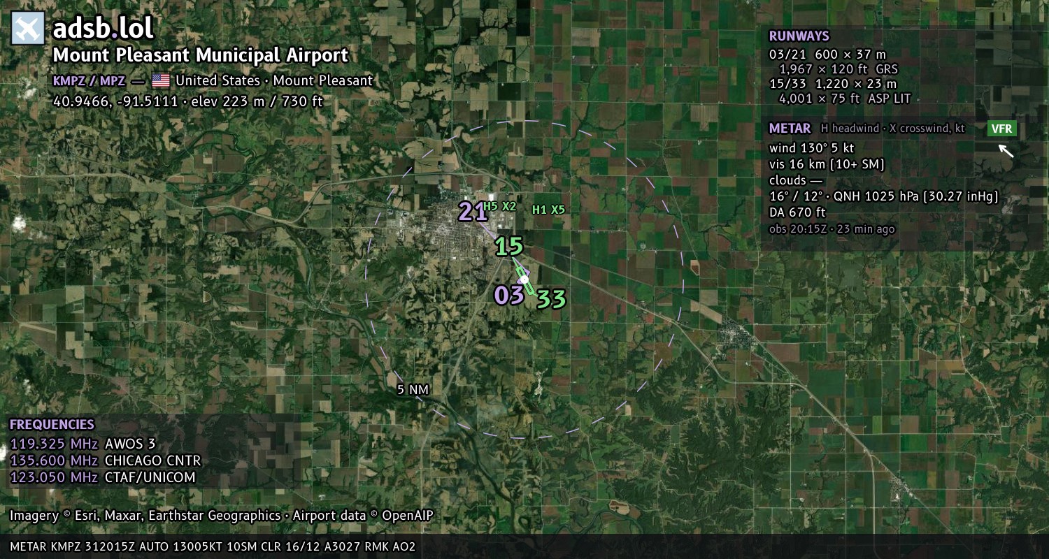 Satellite map with the runway layout of Mount Pleasant Municipal Airport (KMPZ)