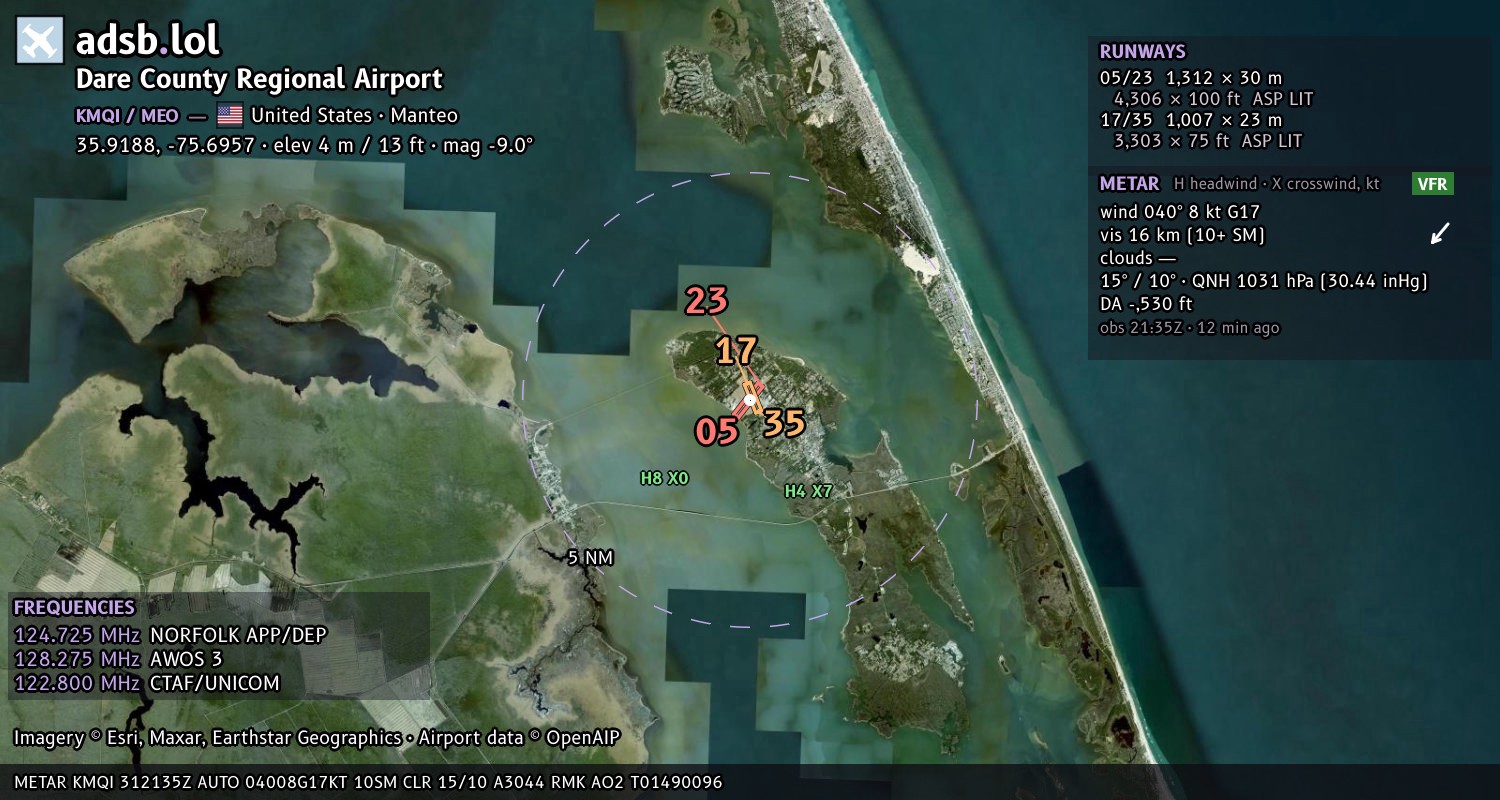 Satellite map with the runway layout of Dare County Regional Airport (KMQI)