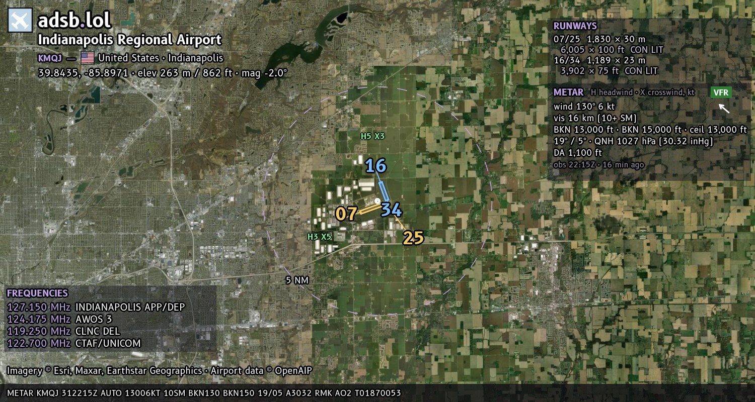 Satellite map with the runway layout of Indianapolis Regional Airport (KMQJ)