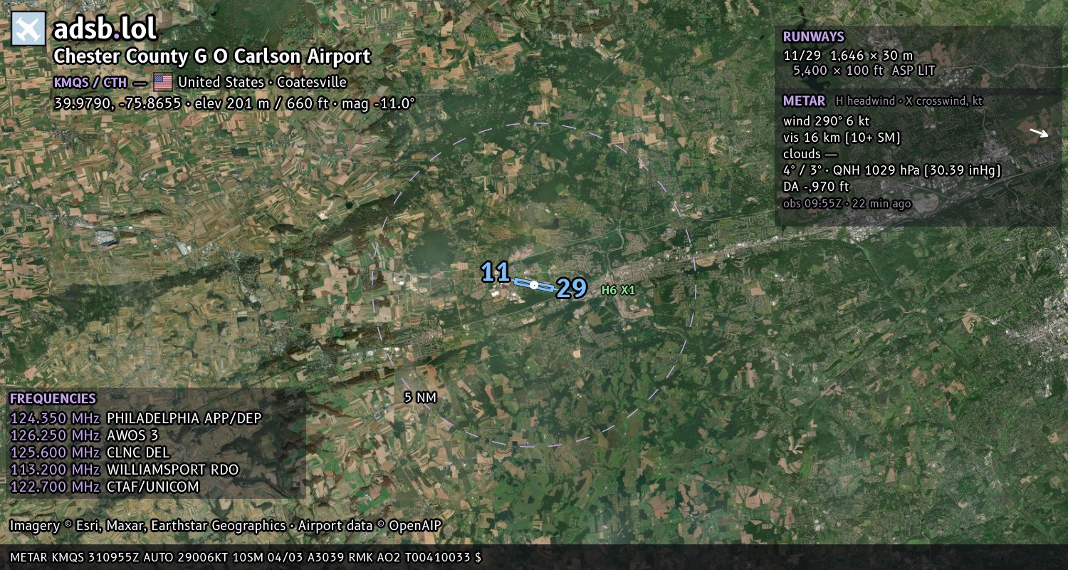 Satellite map with the runway layout of Chester County G O Carlson Airport (KMQS)