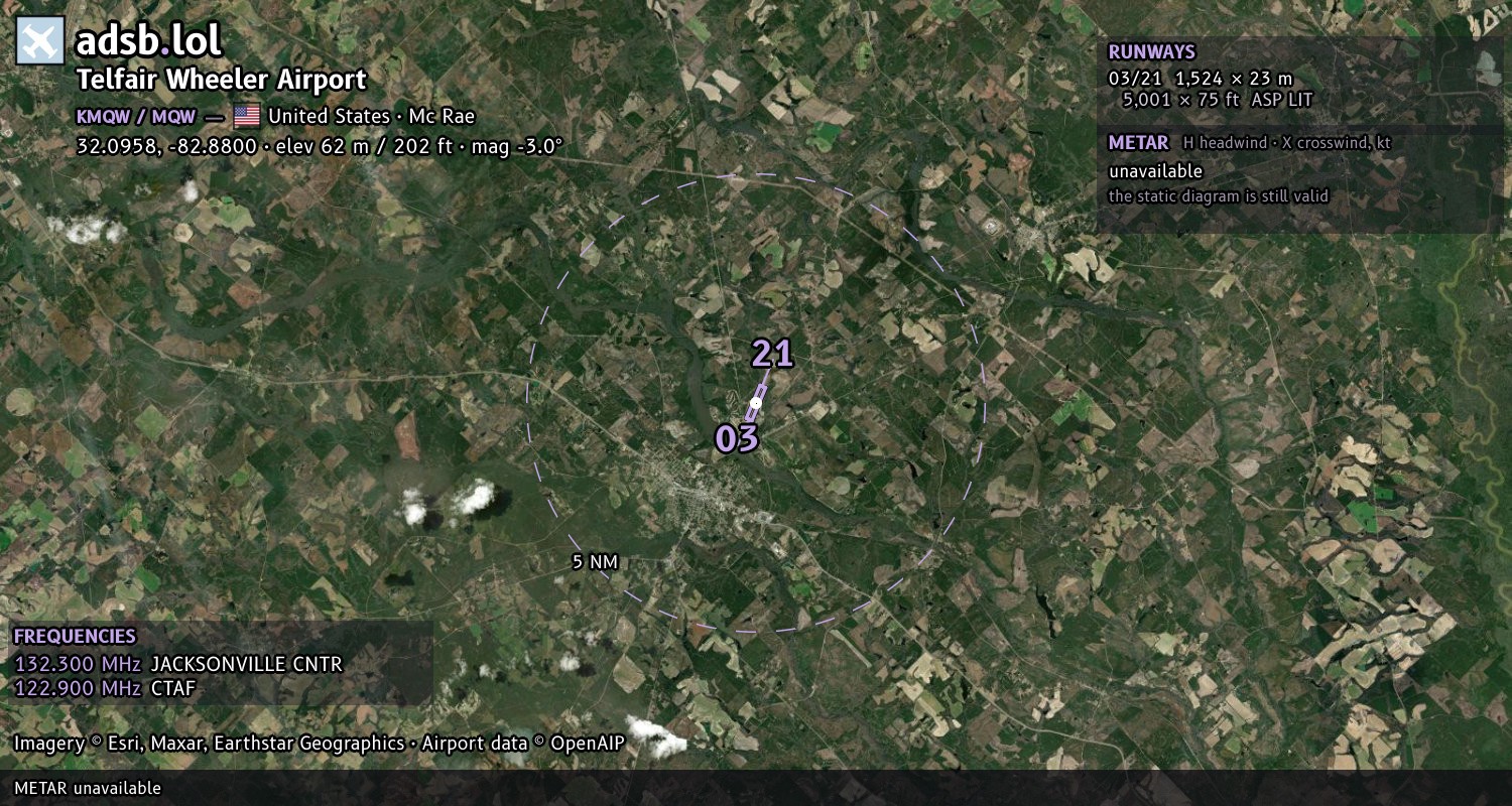 Satellite map with the runway layout of Telfair Wheeler Airport (KMQW)