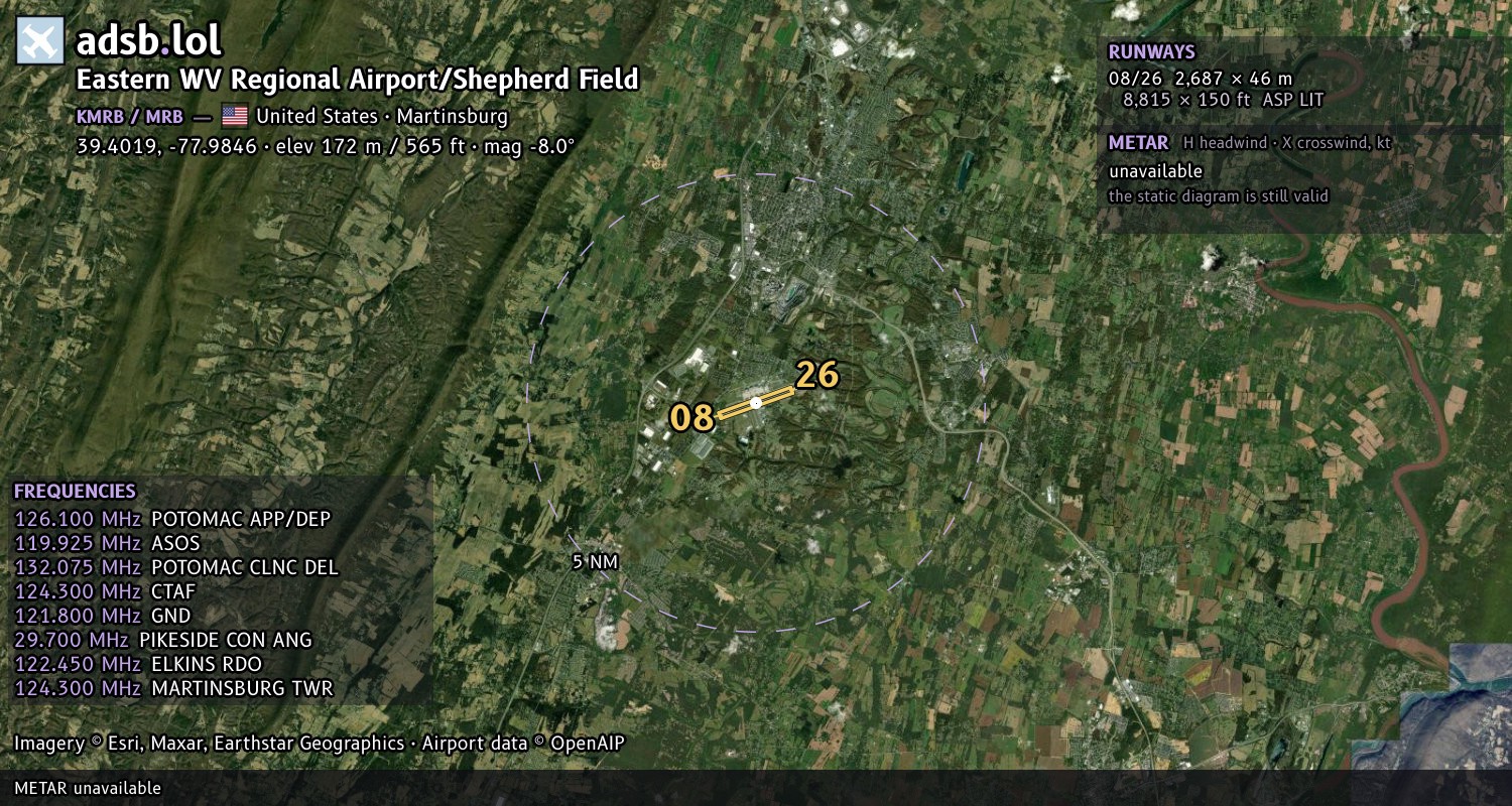 Satellite map with the runway layout of Eastern WV Regional Airport/Shepherd Field (KMRB)